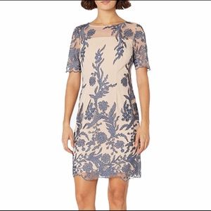 Tahari Arthur Levine Nude Blue Floral Cocktail Dress NWT Illusion Top